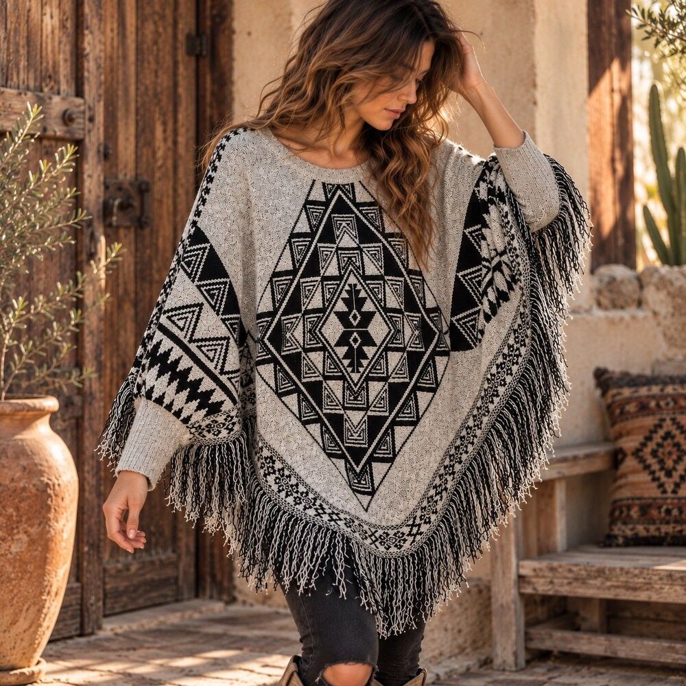 Olivia Sky Boho Aztec Southwestern Fringe Poncho Sweater S/M Gray Black